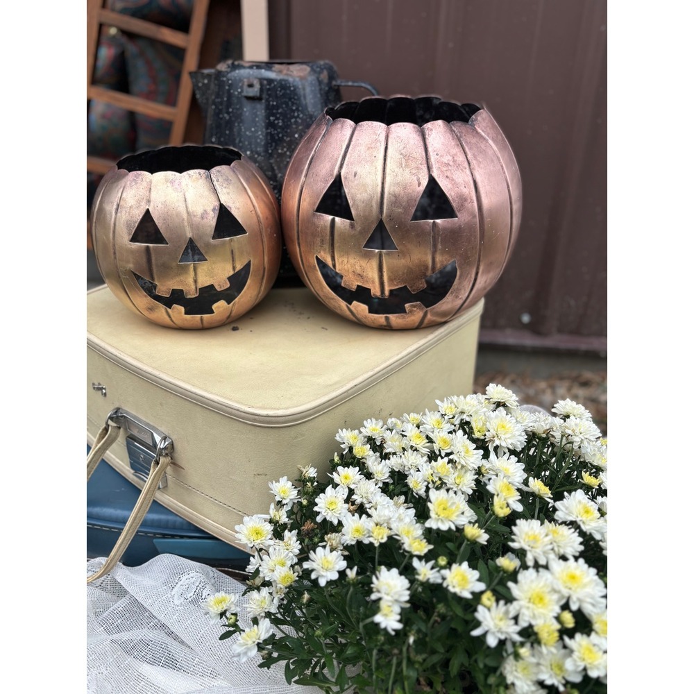 Copper Metal Jack O Lantern Pumpkin 2 Set Rustic Halloween Fall Porch  Decor